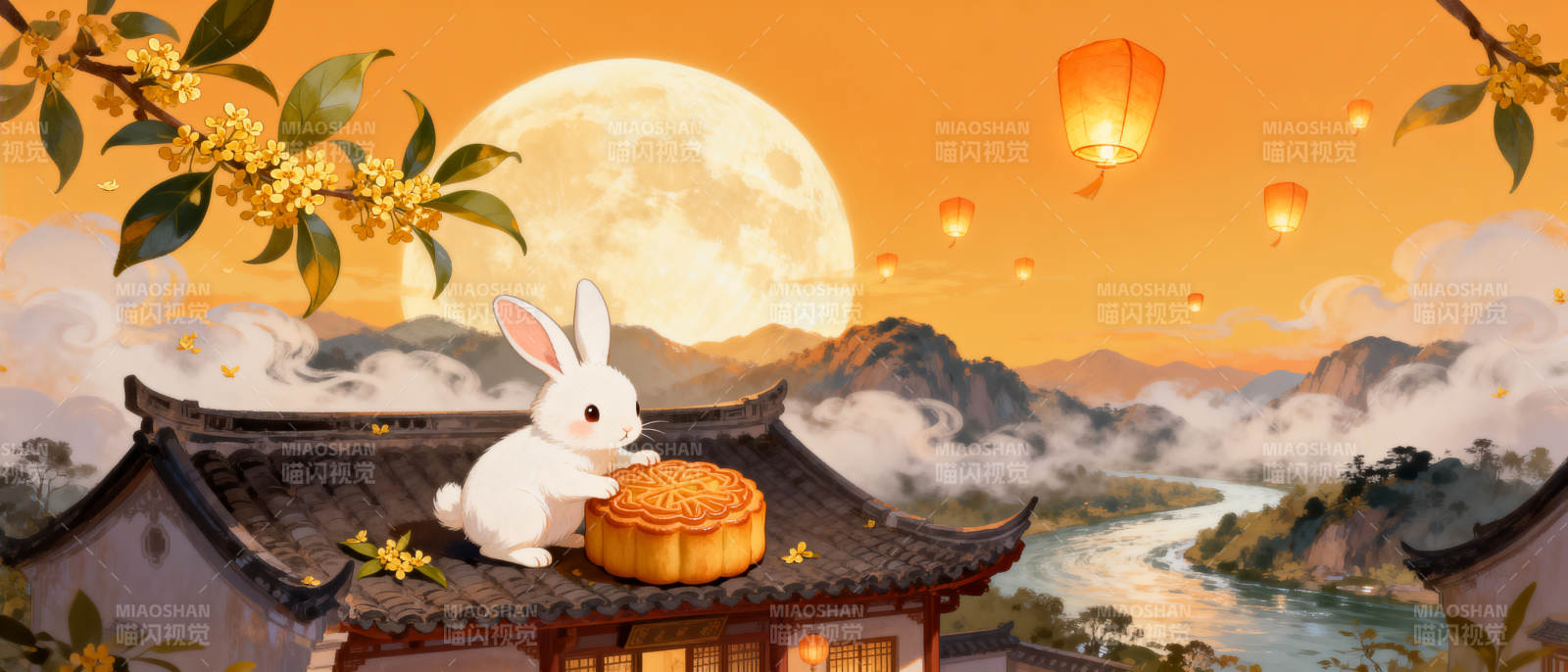 中秋月夜玉兔与月饼图片