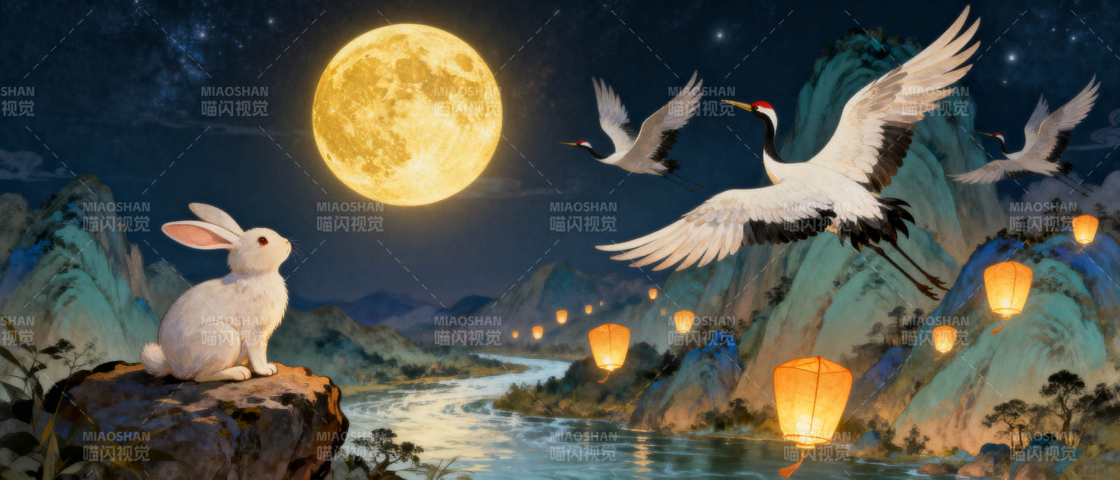 玉兔望月仙鹤飞舞图片