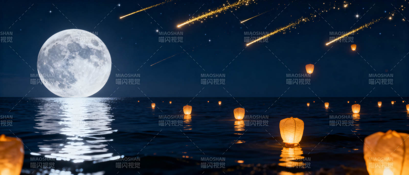 满月夜空孔明灯图片