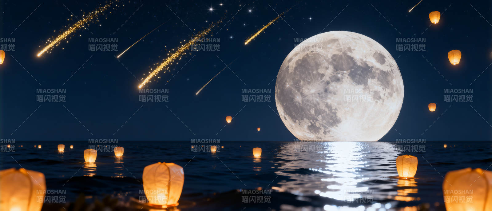 明月夜空孔明灯图片