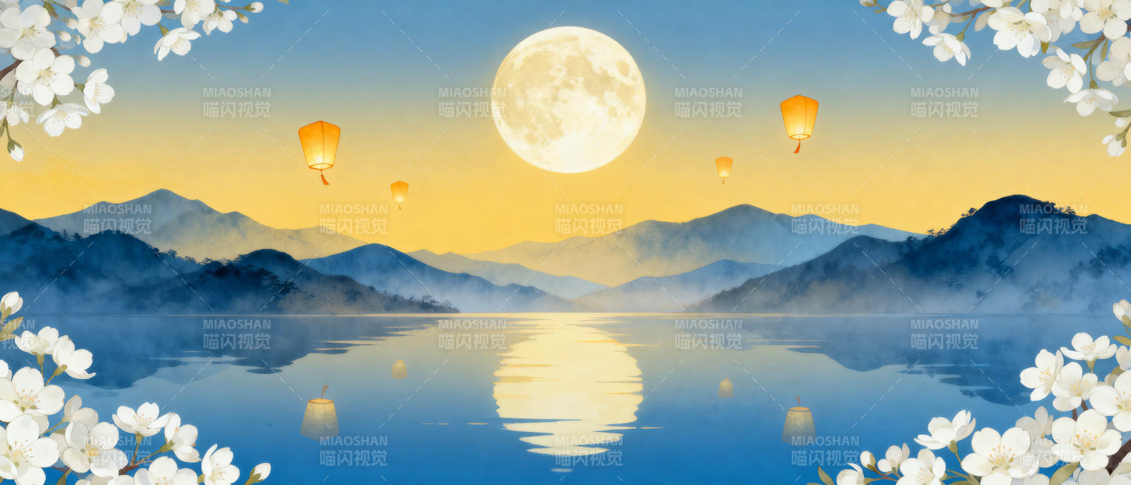 明月湖面孔明灯图片