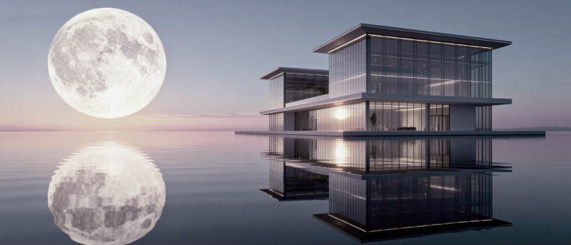 现代建筑与满月倒影图片