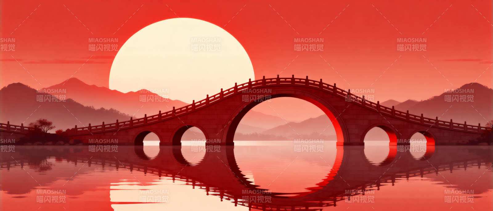 拱桥夕阳红霞图片