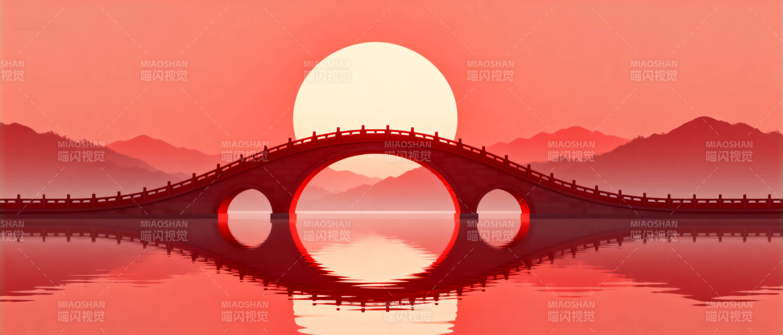 拱桥红日山水倒影图片