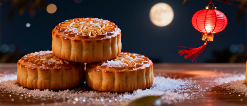 中秋月饼与圆月图片