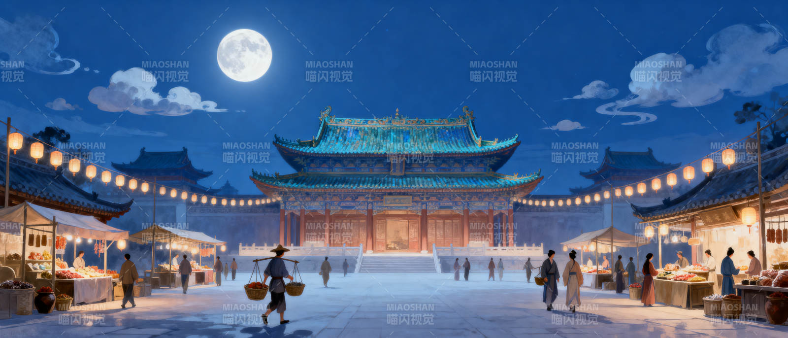 古建筑夜市月夜繁华图片