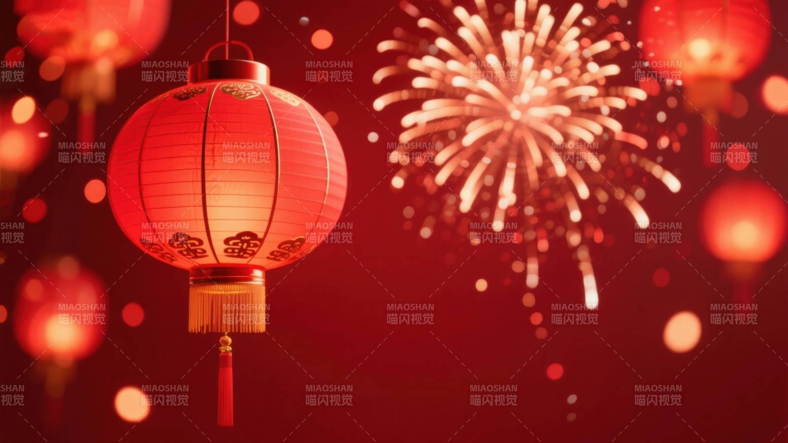 红灯笼与烟花的节日氛围图片