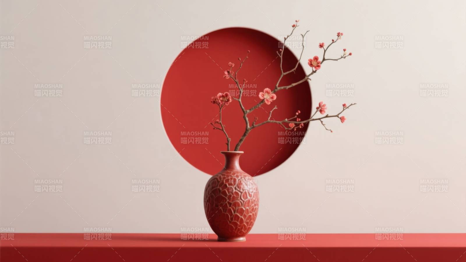 红色花瓶与梅花枝图片