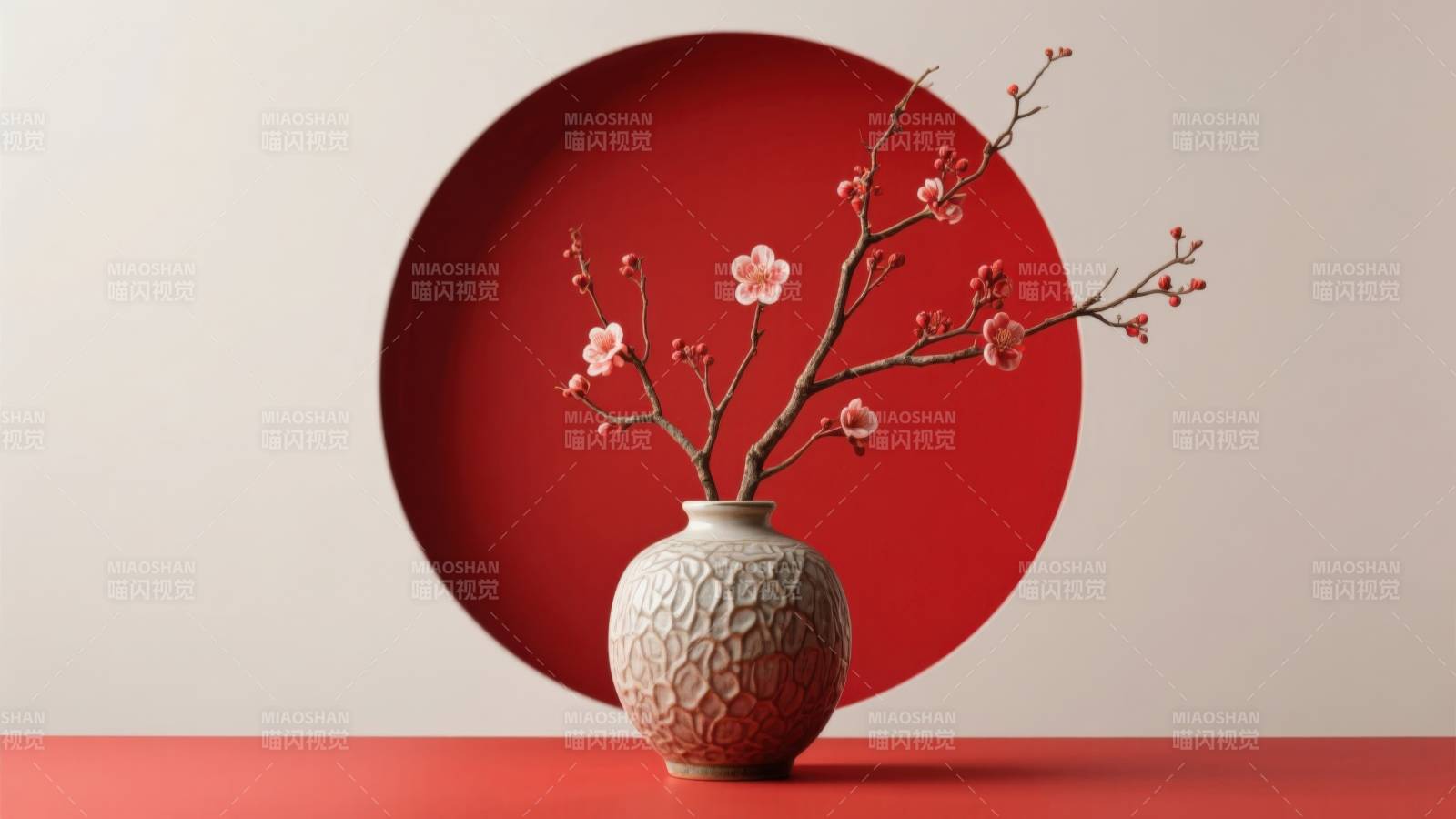 红背景梅花花枝摆设图片