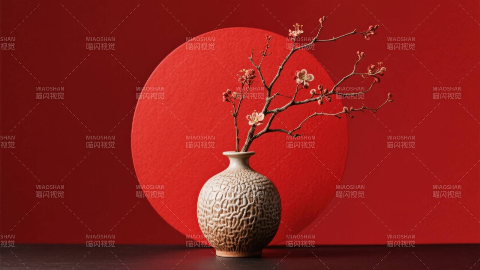 红背景花枝与陶罐图片