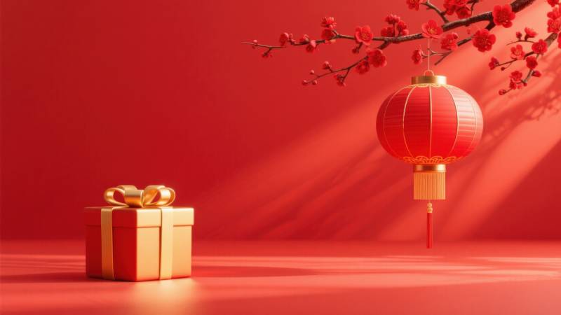 新年红色背景灯笼与礼物图片