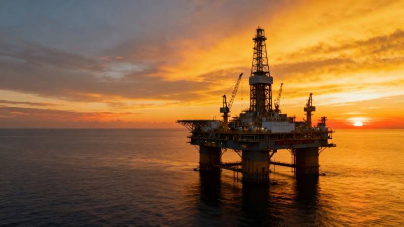 海上石油钻井平台日落图片