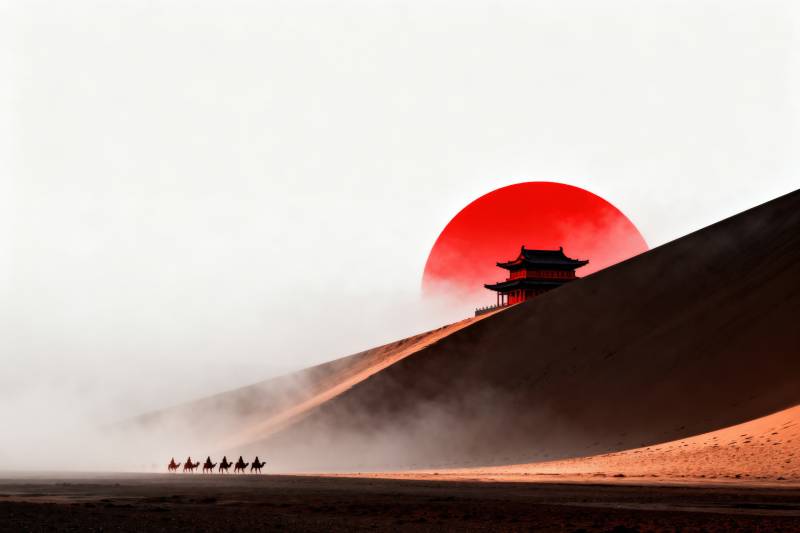 沙漠红日古建筑图片