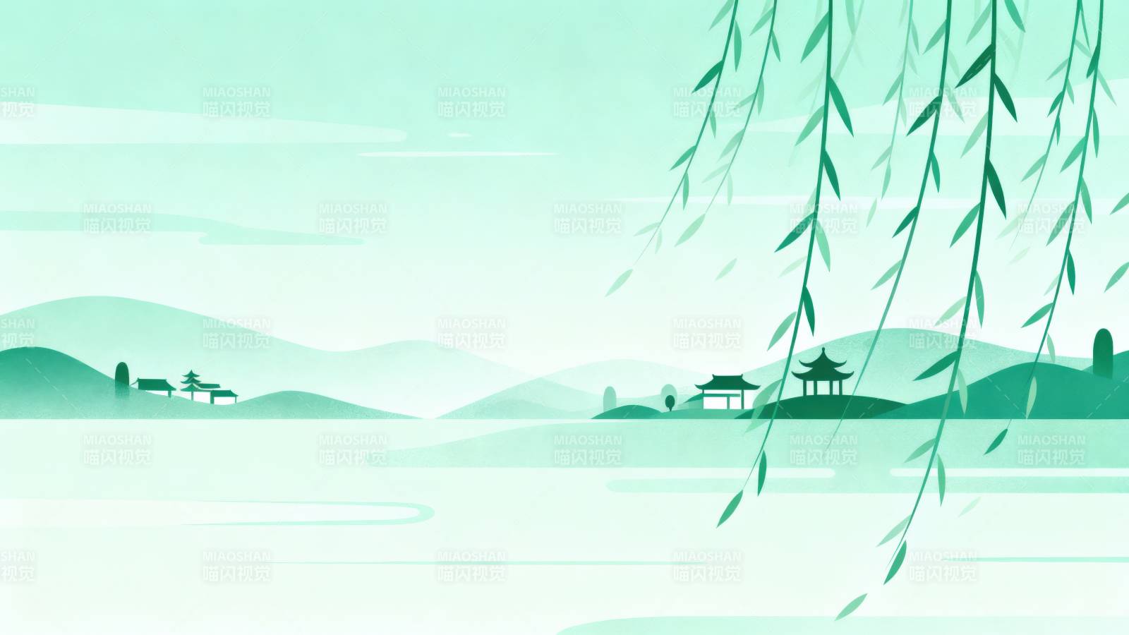 湖畔春柳山水意境图片