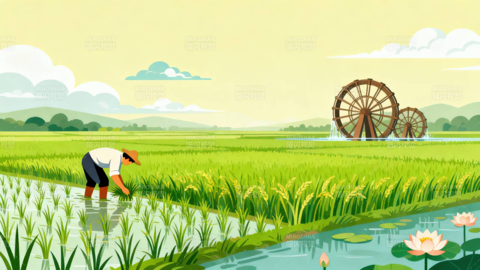 稻田农耕水车插秧图片