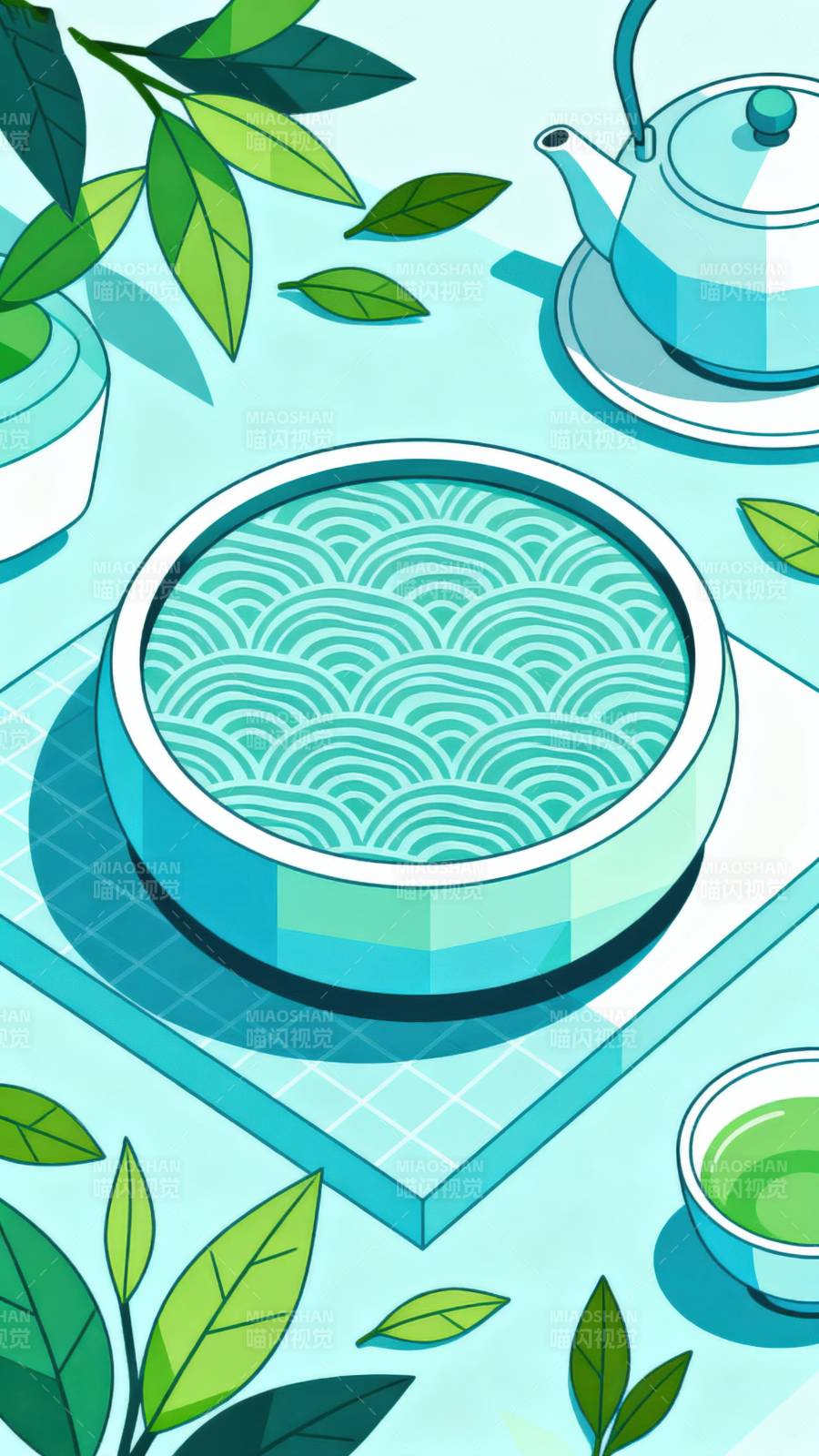 清新绿茶茶具插画图片