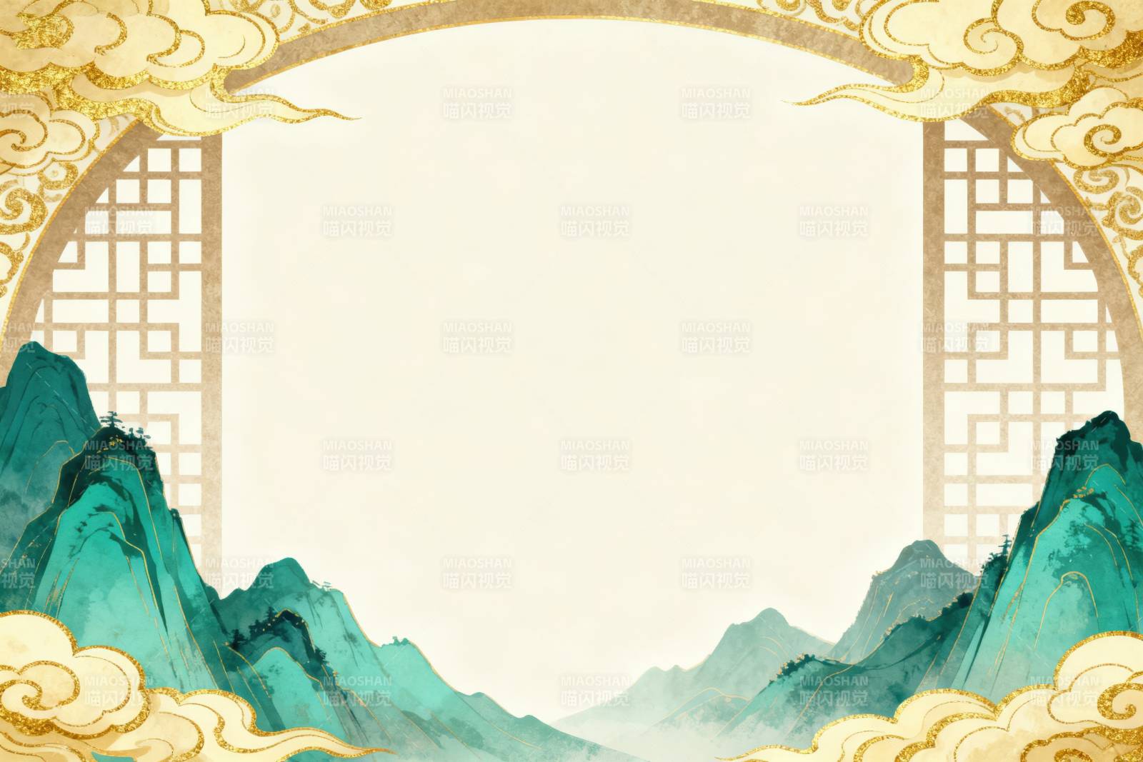 青绿山水金色云纹背景图片
