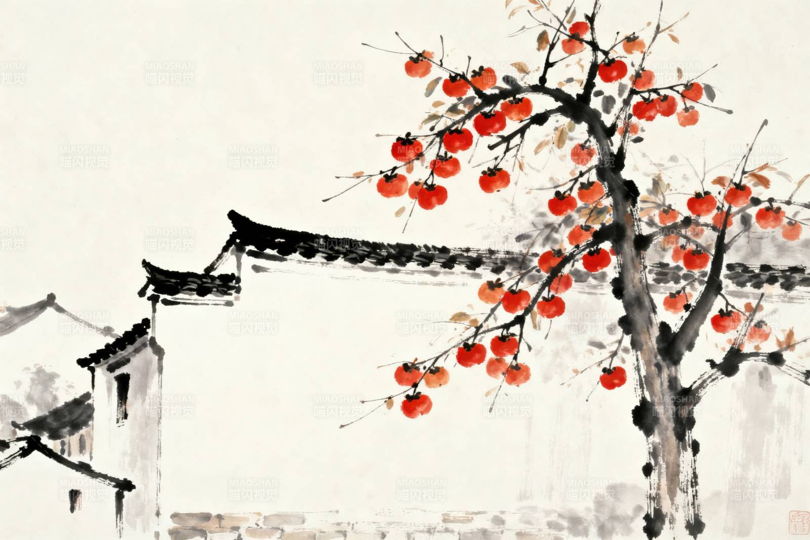 水墨房屋与红柿树图片