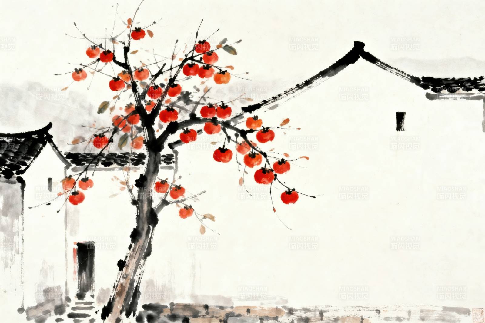 水墨江南柿子树图片