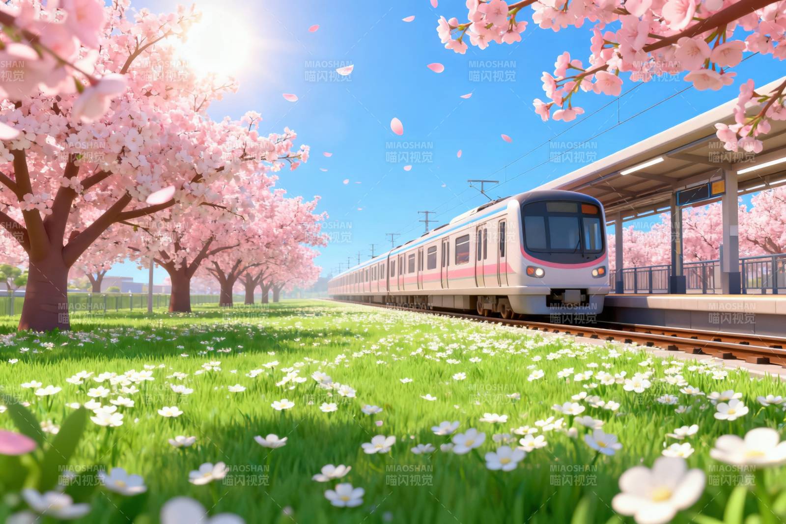 樱花树下列车驶过图片