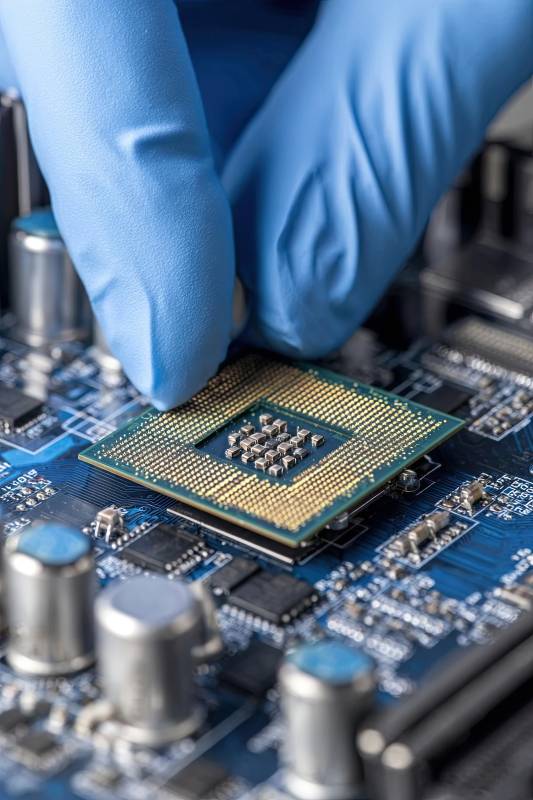 技术人员安装芯片的特写图片