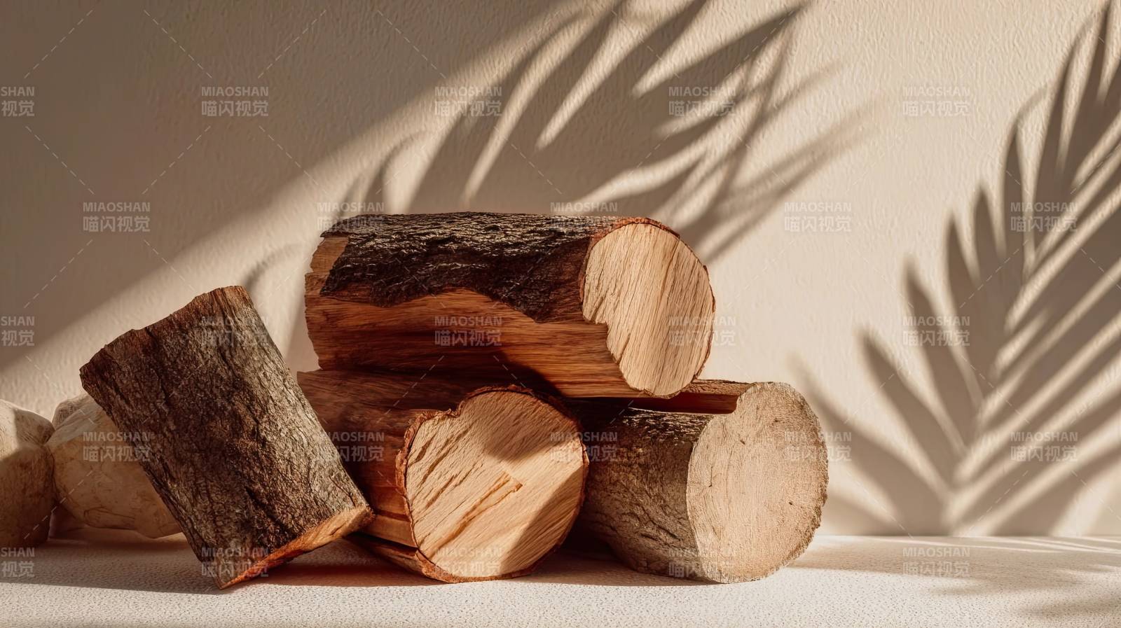 阳光下的木柴与树影图片