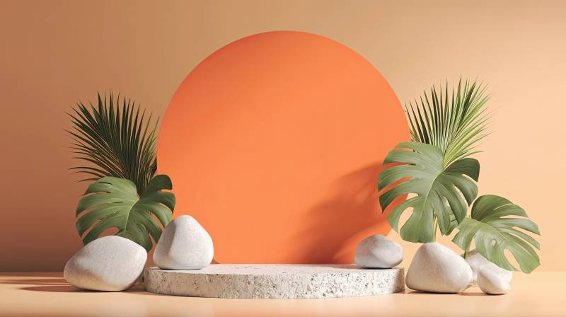 橙色背景下的绿植与石块图片