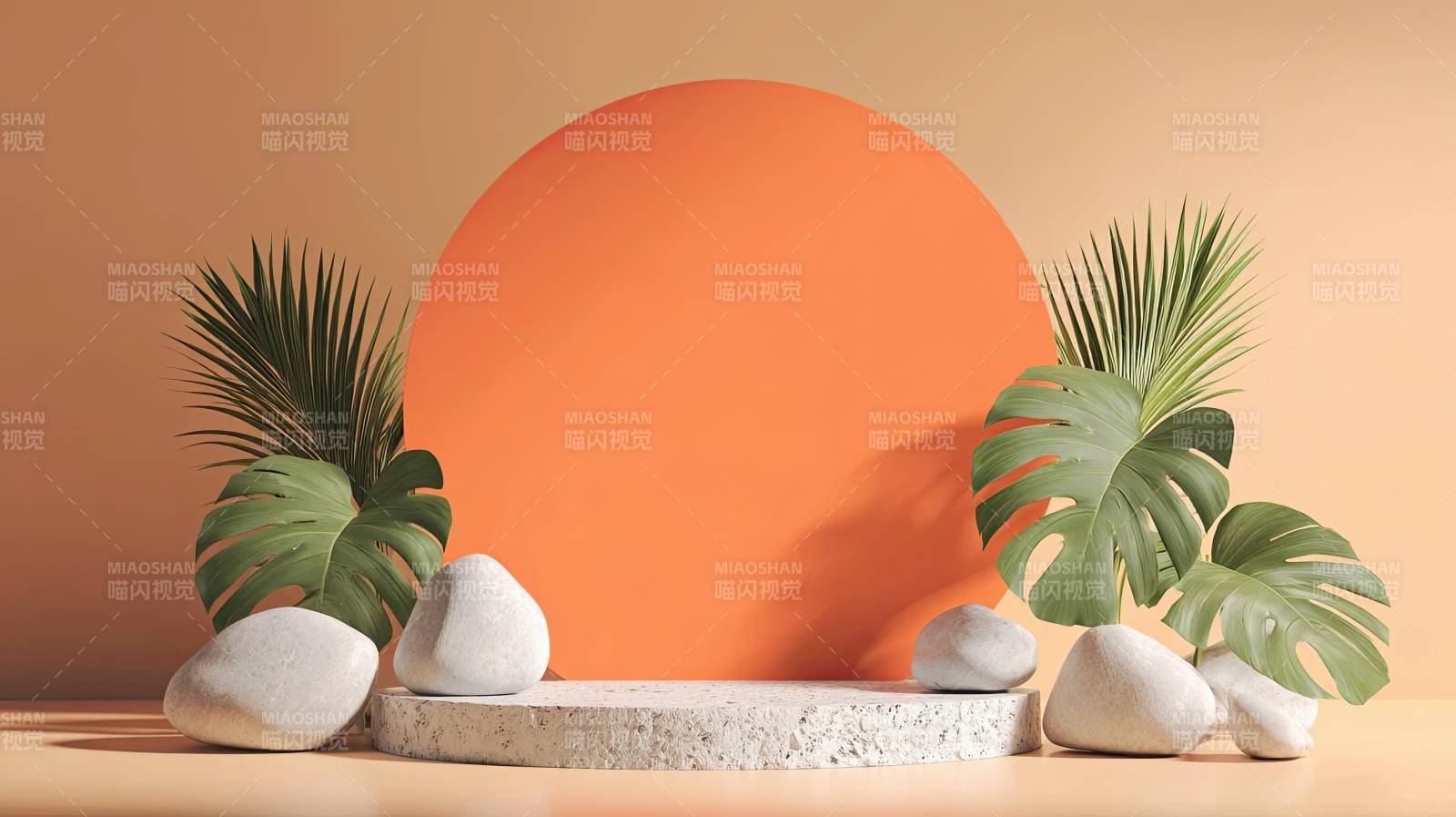 橙色背景下的绿植与石块图片