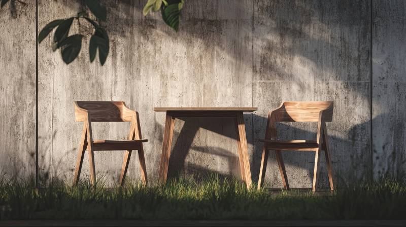 阳光下的木质桌椅与绿植图片