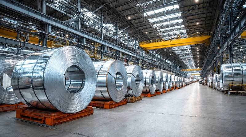 工厂车间金属卷材整齐排列图片