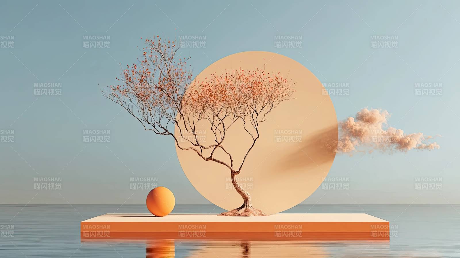 橙色平台上的枯树与圆环图片