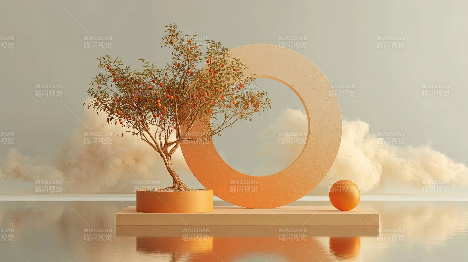 橙色果实树与环形雕塑图片