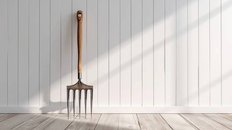 木柄铁叉靠白墙图片