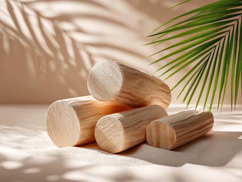 木质圆木与绿叶光影静物图片