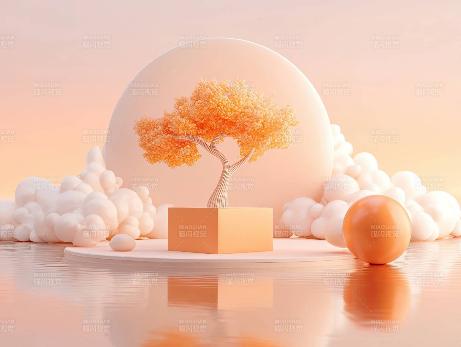 梦幻树景橙色小树与云朵图片