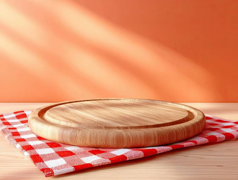 木质砧板置于红白格布图片