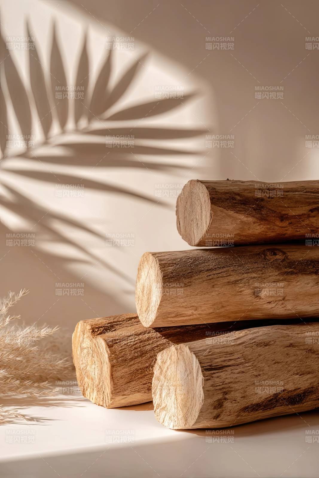 木质原木与光影植物影图片
