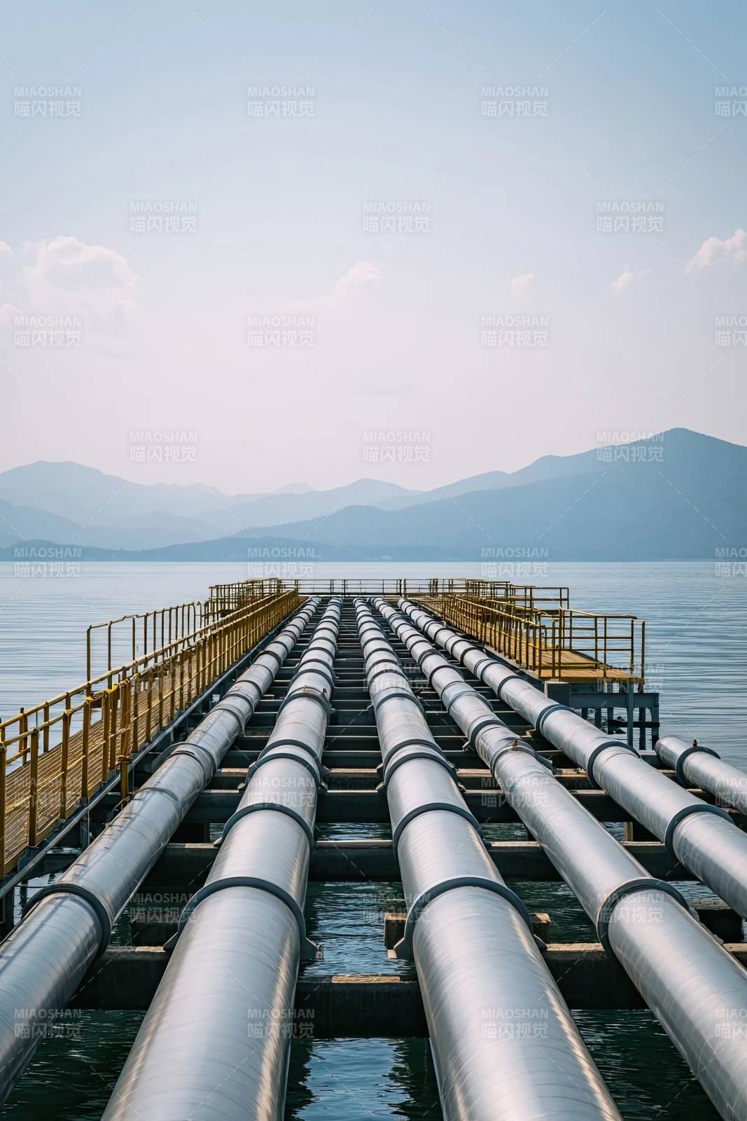 湖面管道延伸远方山脉图片