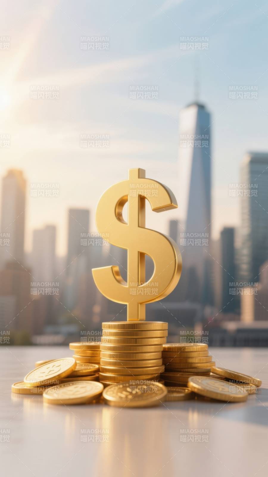 美元符号与金币城市背景图片