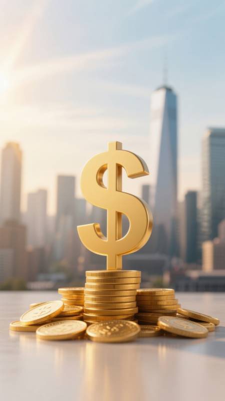 美元符号与金币城市背景图片