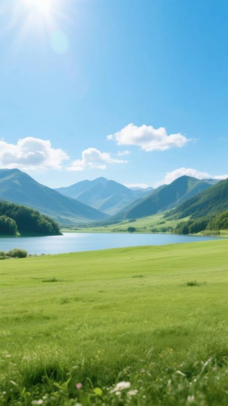 阳光下的山谷湖泊图片