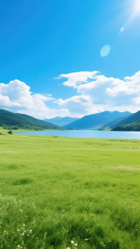 蓝天白云下的草原湖泊图片