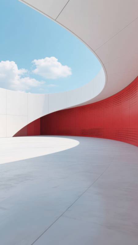 红色弧形墙与白色建筑图片