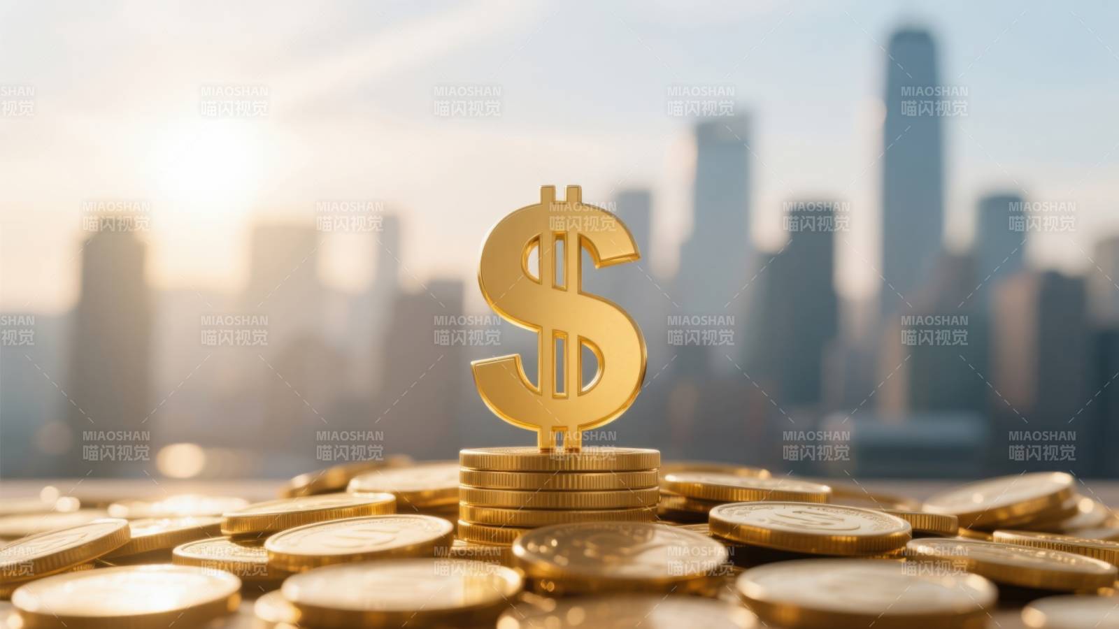 美元符号与金币城市背景图片