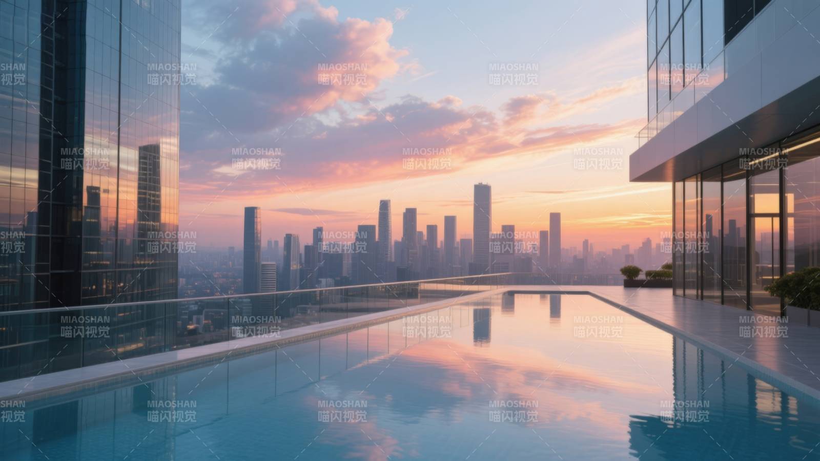 城市天际线日落泳池图片