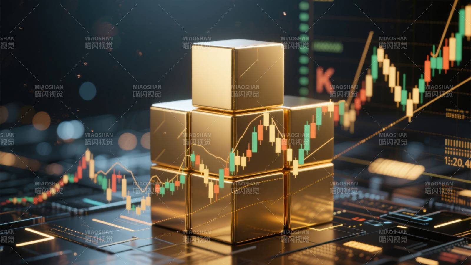 金色立方体与金融图表图片