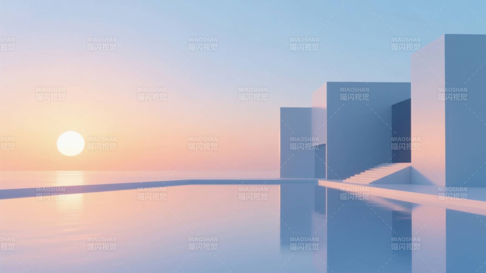 极简建筑与日落海景图片