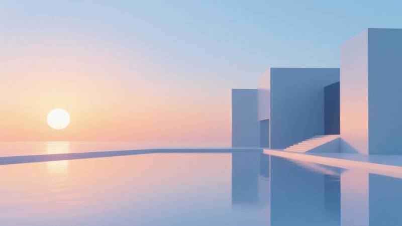 极简建筑与日落海景图片