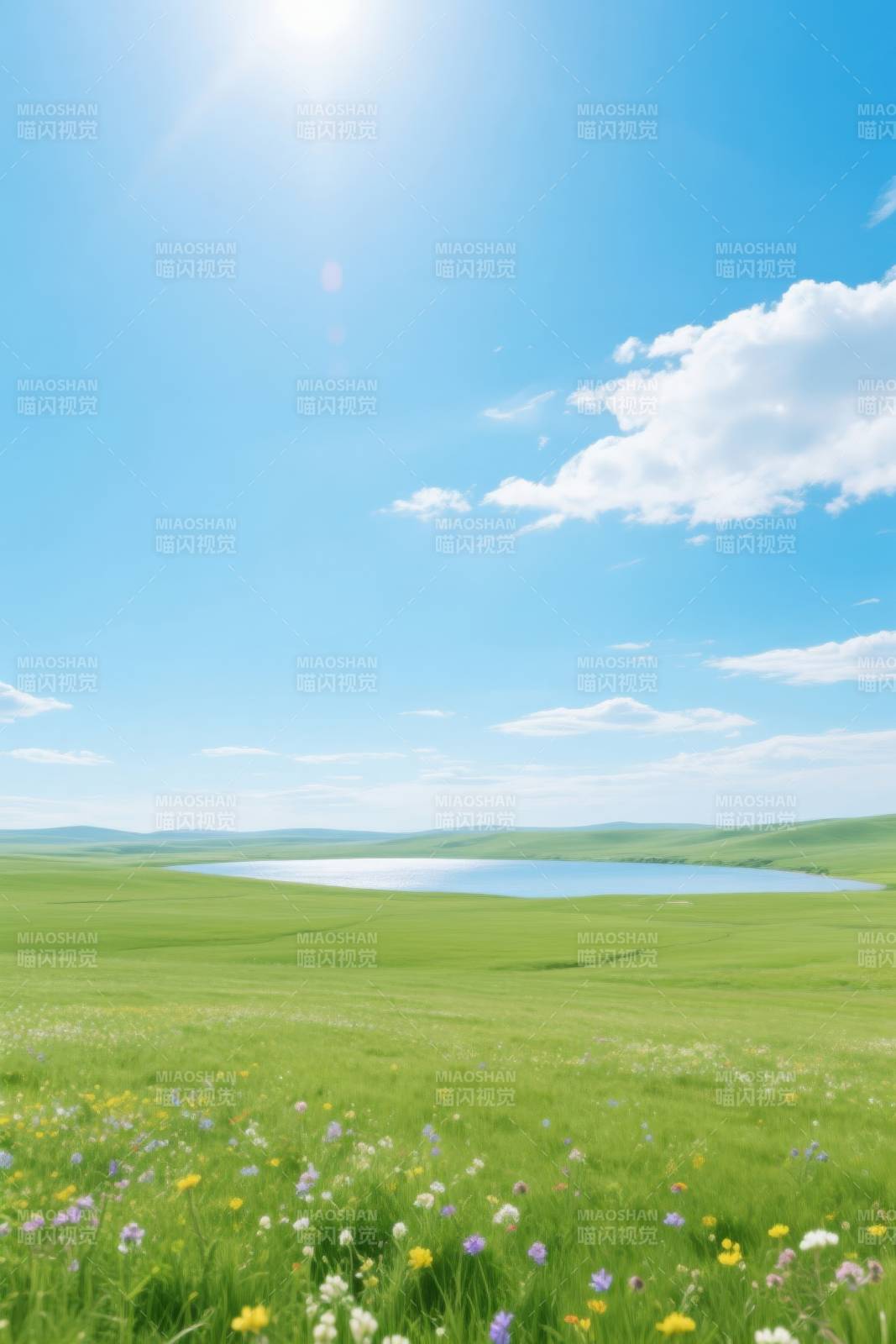草原湖泊阳光明媚图片