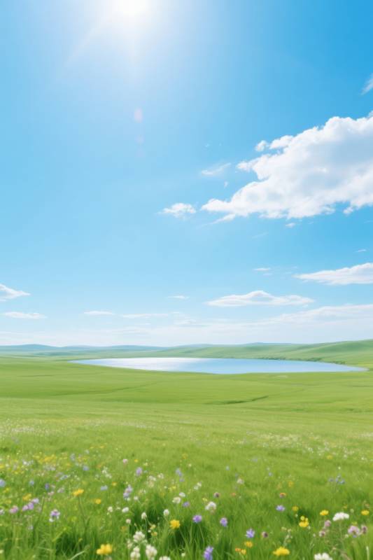 草原湖泊阳光明媚图片